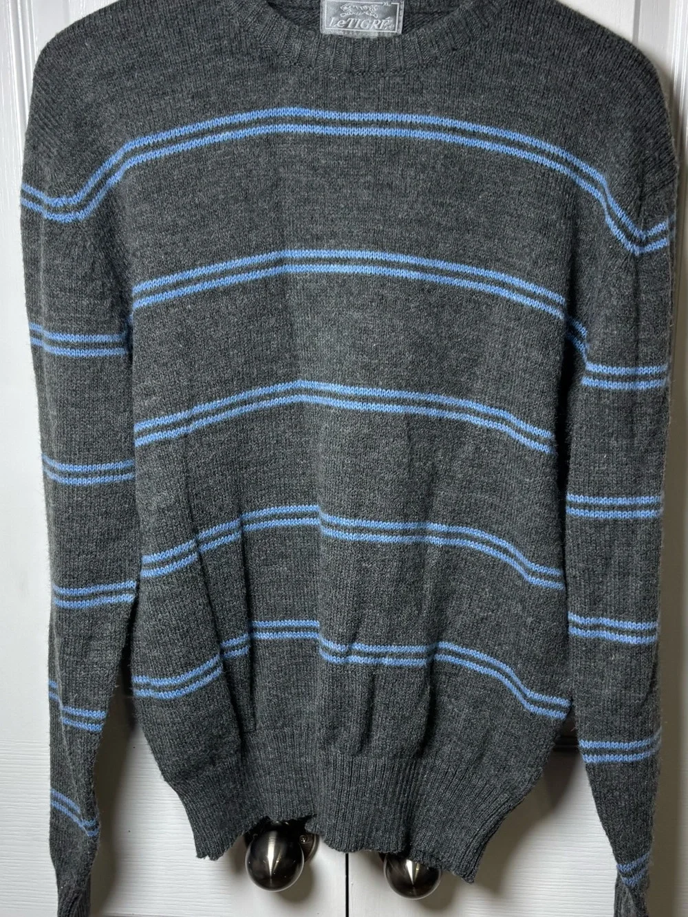 Vintage Le Tigre Men’s XL Gray Blue Striped Grandpa Sweater Crewneck Retro